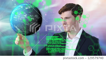 Image of globe and connections over businessmen shaking hands 129579740