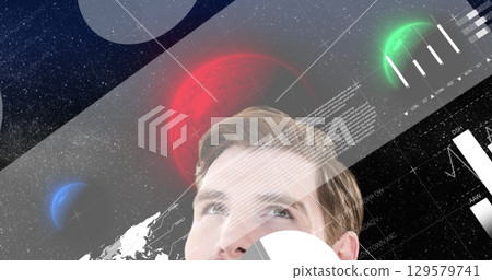 Image of data processing over caucasian man and planets 129579741