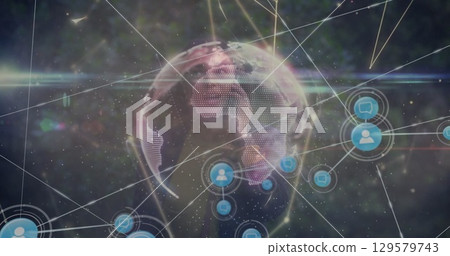 Image of network of connections over african american businesswoman talking on smartphone 129579743
