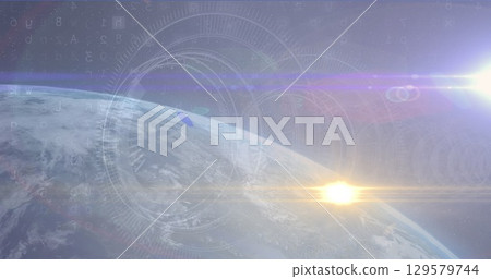 Displaying Earth curvature with semi-transparent HUD graphics and floating data in orbit, sun glare 129579744