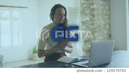 Image of 6g text over caucasian businesswoman having image call 129579783