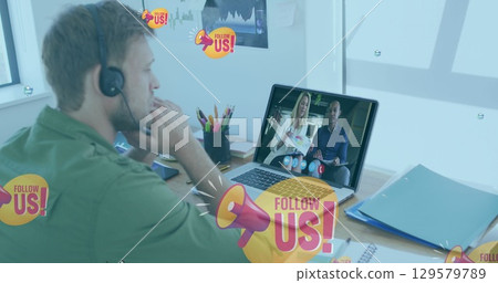 Image of icons over caucasian man using laptop at icons graduation people using laptop 129579789