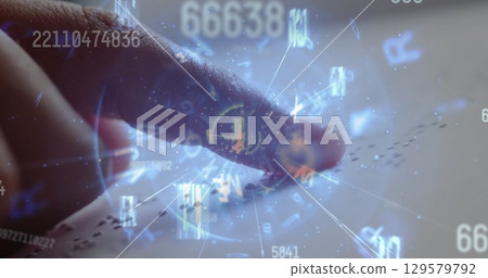 Image of changing numbers and glowing tunnel over close up of a finger reading in braille 129579792