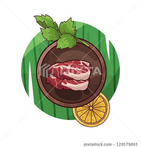 illustration of meat served on a plate with garnishes illustration of meat served on a plate with garnishes 129579893