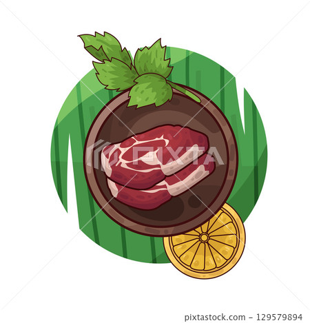 illustration of meat served on a plate with garnishes 129579894