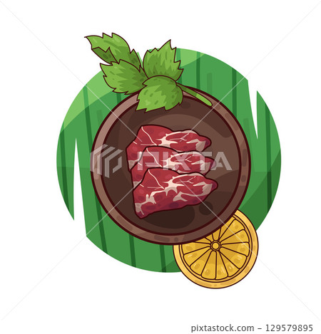 illustration of meat served on a plate with garnishes illustration of meat served on a plate with garnishes 129579895
