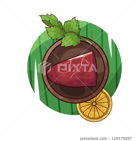 illustration of meat served on a plate with garnishes illustration of meat served on a plate with garnishes 129579897