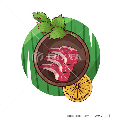 illustration of meat served on a plate with garnishes illustration of meat served on a plate with garnishes 129579901