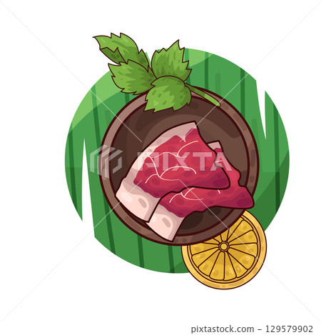 illustration of meat served on a plate with garnishes illustration of meat served on a plate with garnishes 129579902