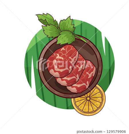 illustration of meat served on a plate with garnishes illustration of meat served on a plate with garnishes 129579906