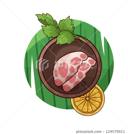 illustration of meat served on a plate with garnishes illustration of meat served on a plate with garnishes 129579911