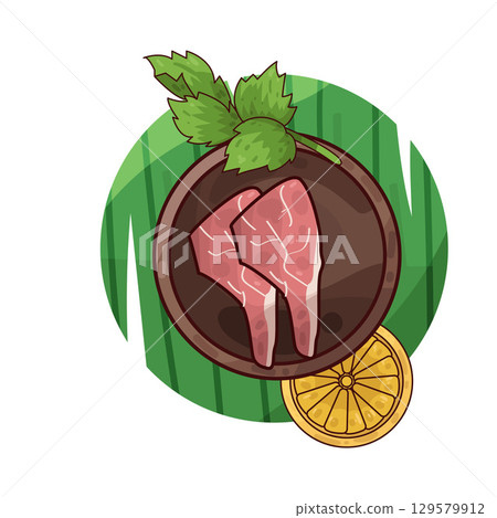illustration of meat served on a plate with garnishes 129579912