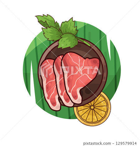 illustration of meat served on a plate with garnishes illustration of meat served on a plate with garnishes 129579914