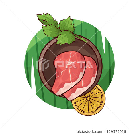 illustration of meat served on a plate with garnishes illustration of meat served on a plate with garnishes 129579916