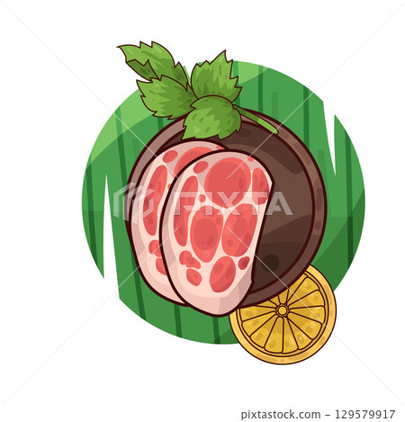 illustration of meat served on a plate with garnishes illustration of meat served on a plate with garnishes 129579917