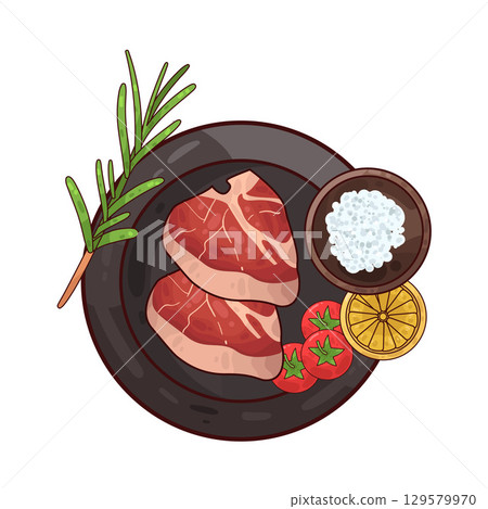 illustration of meat served on a plate with garnishes illustration of meat served on a plate with garnishes 129579970