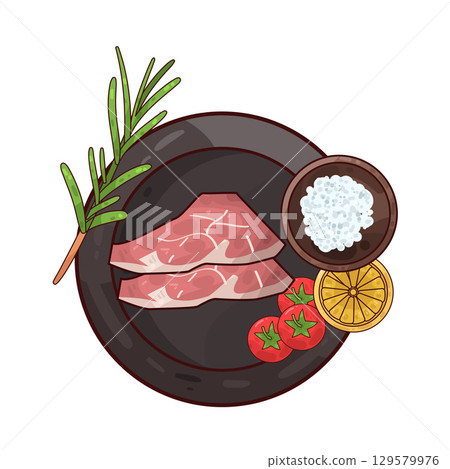 illustration of meat served on a plate with garnishes illustration of meat served on a plate with garnishes 129579976
