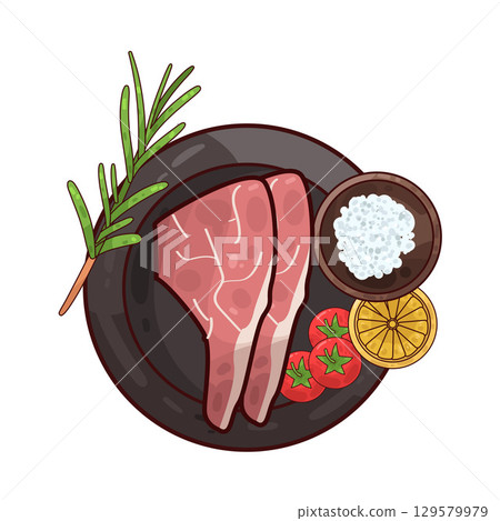 illustration of meat served on a plate with garnishes illustration of meat served on a plate with garnishes 129579979