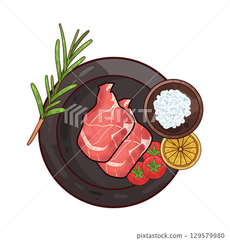 illustration of meat served on a plate with garnishes illustration of meat served on a plate with garnishes 129579980