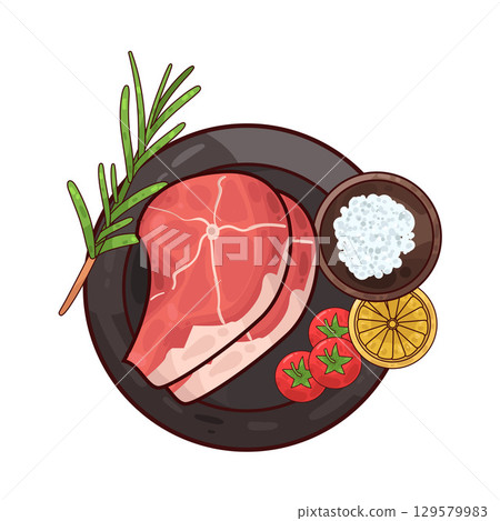 illustration of meat served on a plate with garnishes illustration of meat served on a plate with garnishes 129579983