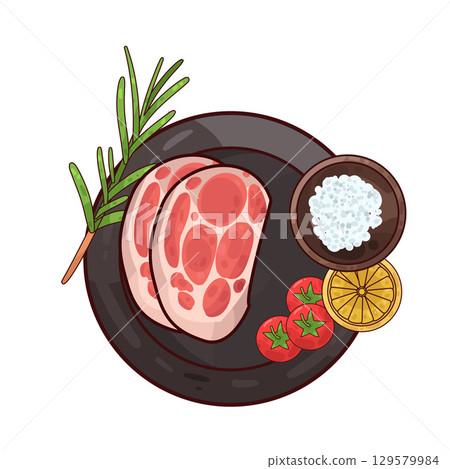 illustration of meat served on a plate with garnishes illustration of meat served on a plate with garnishes 129579984