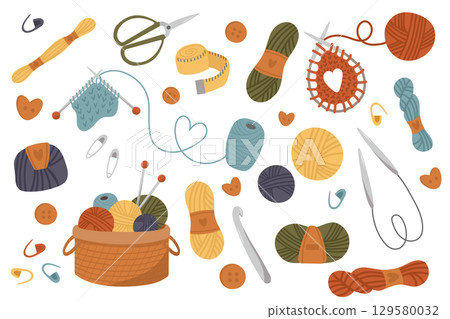Set of wool yarn balls knitting flat design vector. Knitting with cozy yarn balls, needles, and handmade elements. Crafting, handmade. A warm, leisurely hobby. 129580032