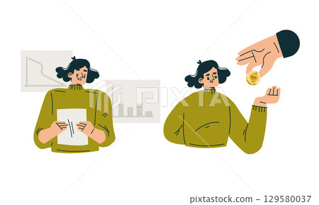 A businesswoman analyzes data while receiving payment or financial compensation A businesswoman analyzes data while receiving payment or financial compensation 129580037