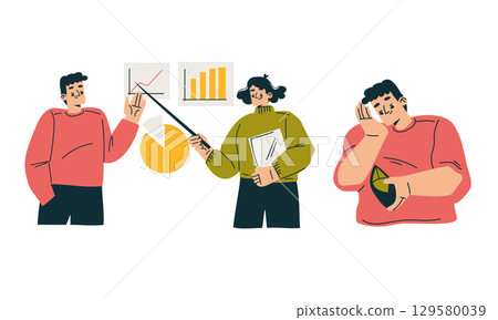 A Business Meeting that Includes Detailed Charts and Comprehensive Data Analysis for Review 129580039