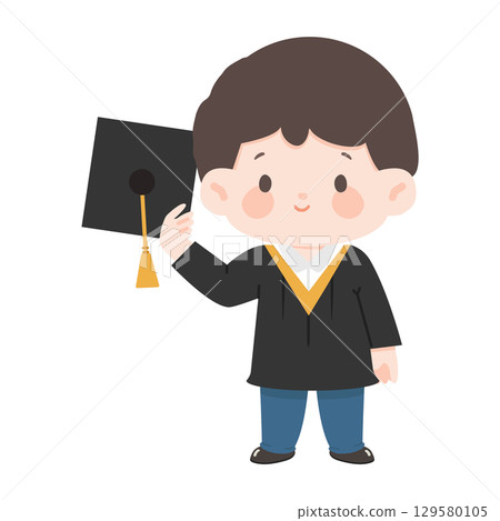 Cartoon Illustration of Boy Graduate Holding Mortarboard 129580105