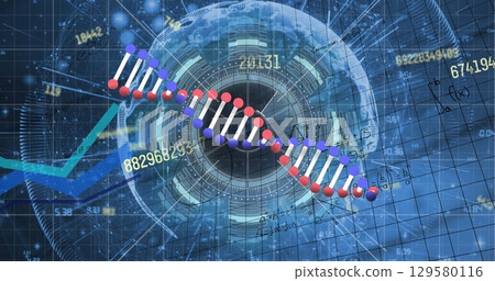 Image of digital screen with data, dna and numbers on blue background 129580116