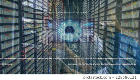 Image of data and caucasian man checking servers Image of data and caucasian man checking servers 129580121