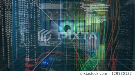 Animated of hud interface with graphics, analysis text and circle above computer in server room Animated of hud interface with graphics, analysis text and circle above computer in server room 129580122