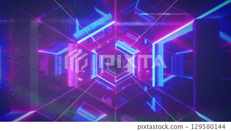 Image of unique illuminated blue and pink futuristic abstract design 129580144