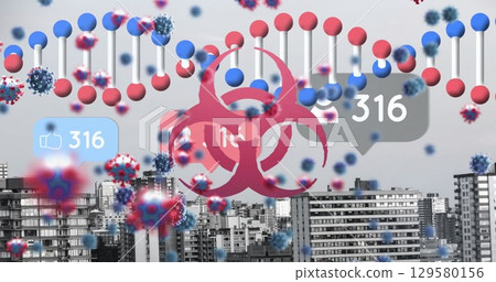 Image of 3d dna, virus with number of likes, profiles increasing over cityscape 129580156