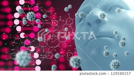 Digital image of multiple cells floating over human face model against blue background Digital image of multiple cells floating over human face model against blue background 129580157