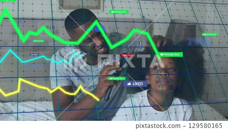 Image of data processing and digital icons over strong man exercising 129580165