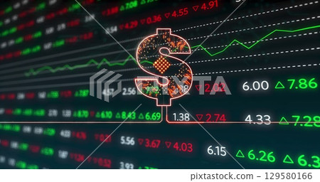 Image of american dollar sign with circuit board over financial data processing 129580166
