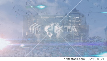 Image of graphic interface and birds flying around bulldozer unloading junk at landfill Image of graphic interface and birds flying around bulldozer unloading junk at landfill 129580171