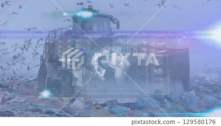 Image of interface with globe and birds over flying garbage trunk unloading junk at landfill 129580176