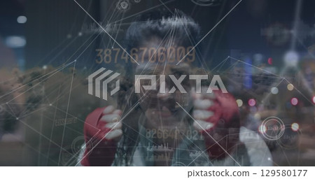 Image of network of connections with data processing and cityscape over caucasian woman boxing Image of network of connections with data processing and cityscape over caucasian woman boxing 129580177