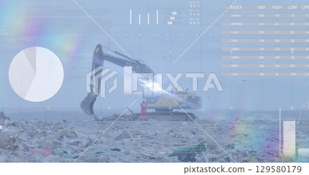 Image of multiple graphs and data moving over bulldozer and garbage at landfill Image of multiple graphs and data moving over bulldozer and garbage at landfill 129580179