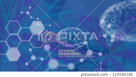 Image of data processing and digital brain over caucasian female scientist 129580186