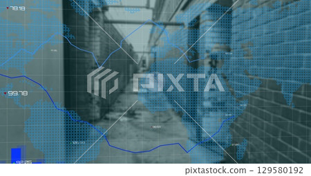 Image of financial graphs and globe over building 129580192