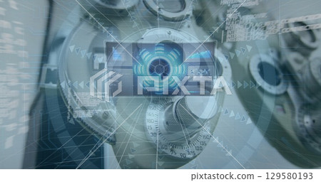Image of digital screen with data over optic machinery 129580193