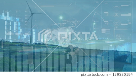 Image of graphs moving over wind turbine field, globe against cityscape 129580194