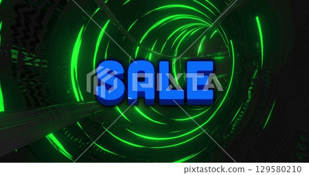 Image of multicolored abstract pattern and blue sale text moving in green illuminated tunnel 129580210