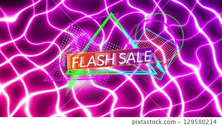 Image of flash sale over triangles and purple wavy background Image of flash sale over triangles and purple wavy background 129580214
