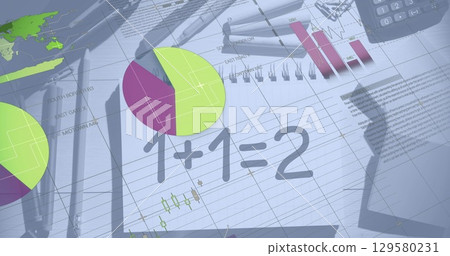 Statistical data processing against mathematical equations floating on grey background 129580231