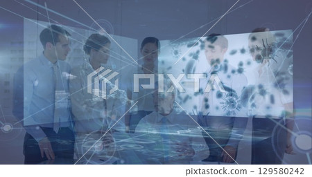 Image of blood cells, text over multiracial coworkers talking with male manager in meeting Image of blood cells, text over multiracial coworkers talking with male manager in meeting 129580242