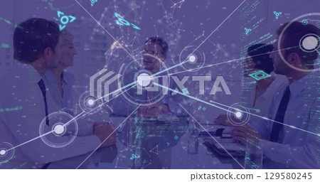Image of programming text, dots connecting with lines and caucasian team discussing in office Image of programming text, dots connecting with lines and caucasian team discussing in office 129580245